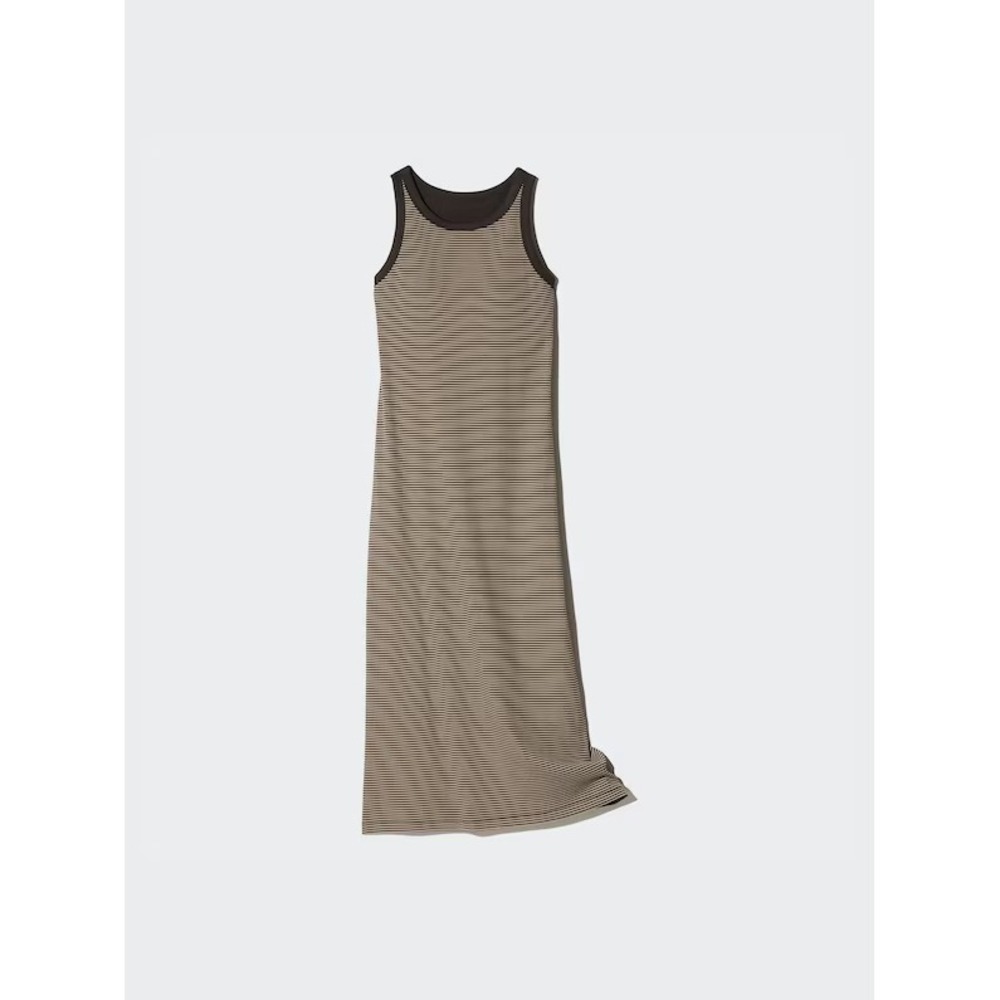 Uniqlo Ribbed Built in Bra Sleeveless Dress Brown Black Striped Midi Racerback M - Picture 3 of 10